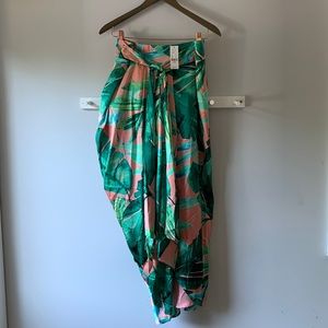 Tulip Hem Midi Skirt - Pink and Teal Palm